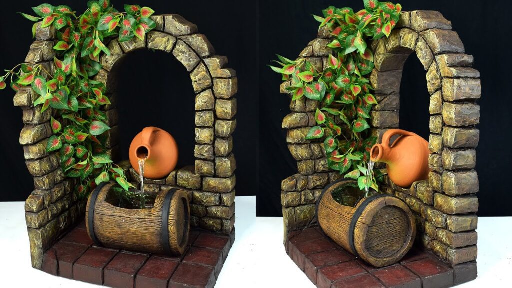 DIY Stone Arch Fountain with Barrel & Clay Pitcher ✔️ How to Make Concrete Fountain Waterfall