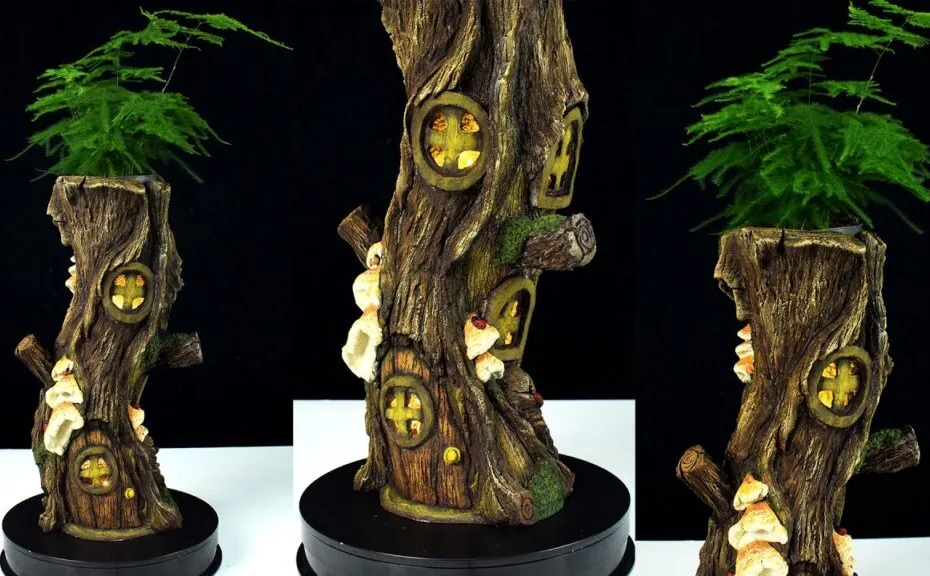 DIY Concrete Tree Log House Planter Pot with Mushrooms & LED Lamp