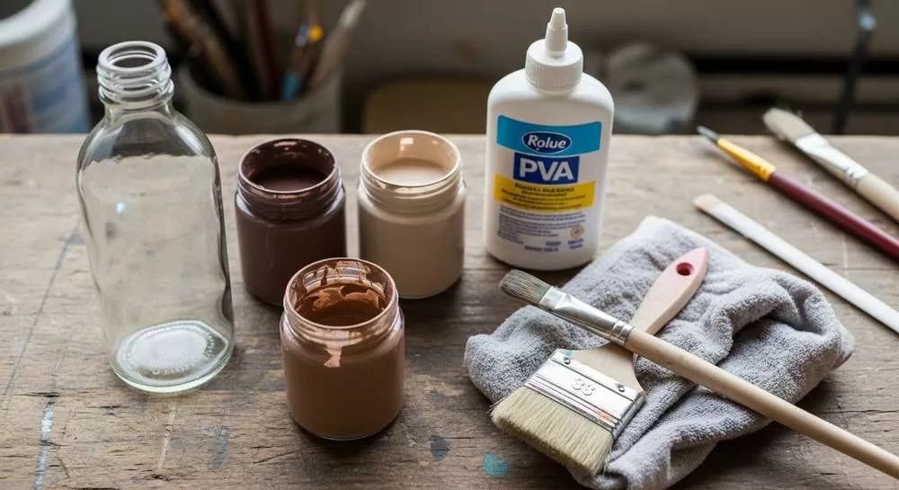 Sobre uma mesa de madeira desgastada ou um pedaço de papel craft, estão dispostos dois potes de tinta acrílica marrom e bege