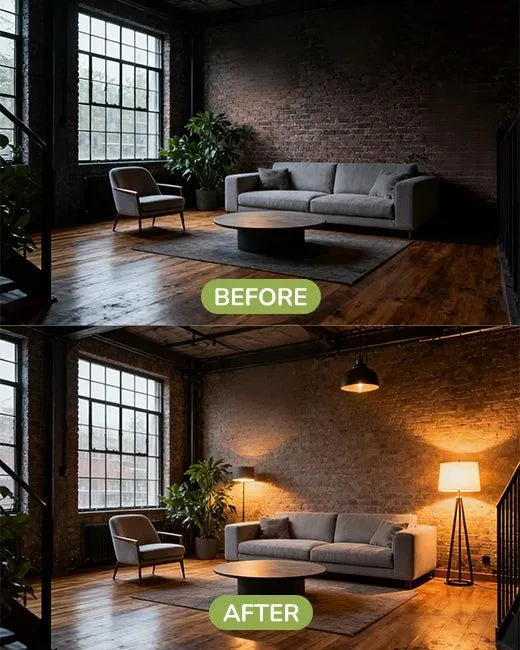 Foto comparativa do mesmo ambiente com iluminação única de teto vs. iluminação em 3 camadas