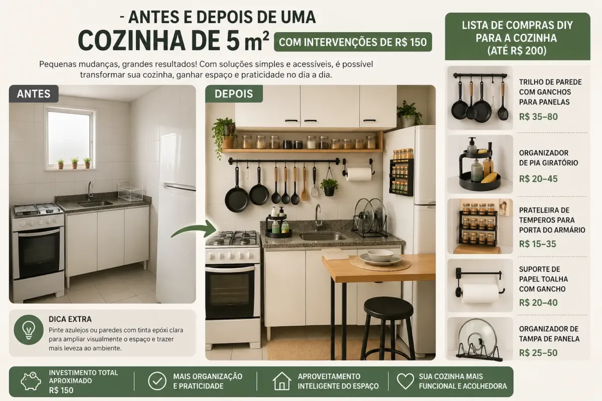 Infográfico Antes e depois de uma cozinha de 5 m com intervenções de R$ 150