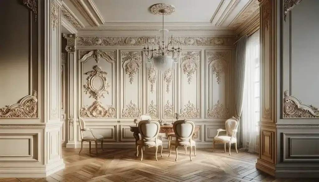 uma sala elegante com painéis de parede boiserie