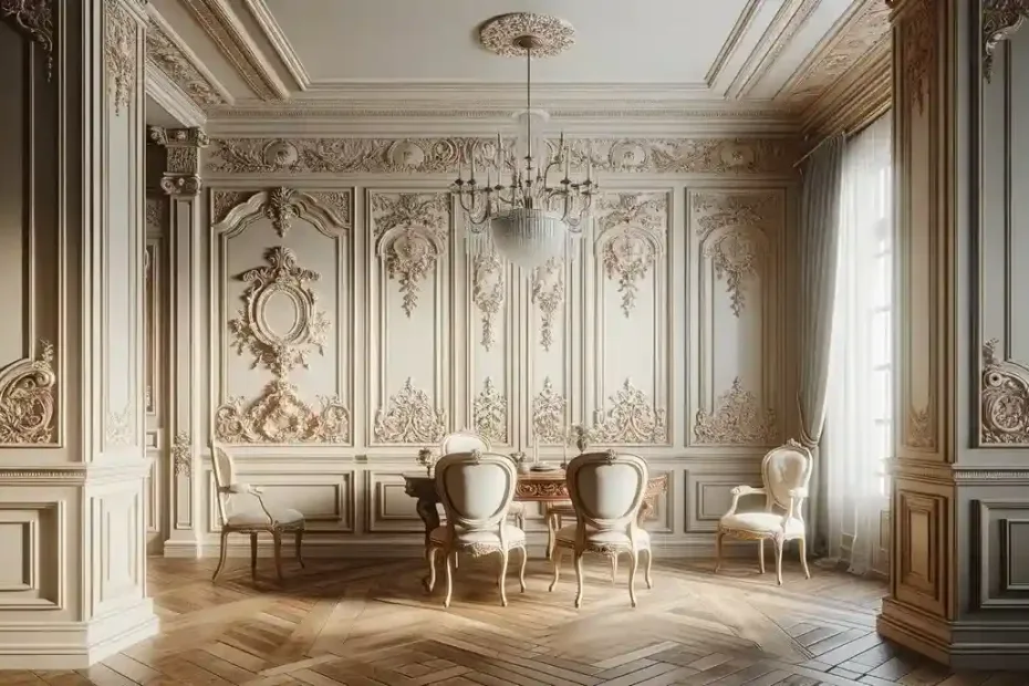 uma sala elegante com painéis de parede boiserie