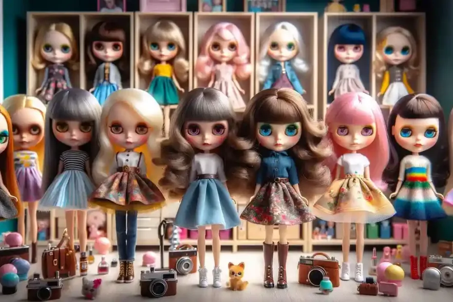 Uma exibição de vários tipos de bonecas Blythe, cada uma com características únicas, como diferentes cores de cabelo, olhos e estilos de moda.