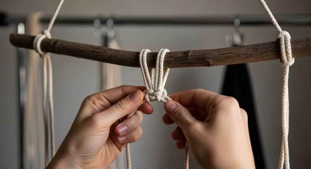 Close das mãos de uma pessoa (unhas limpas, sem joias chamativas) realizando o "Lark's Head Knot" (nó de laçada).