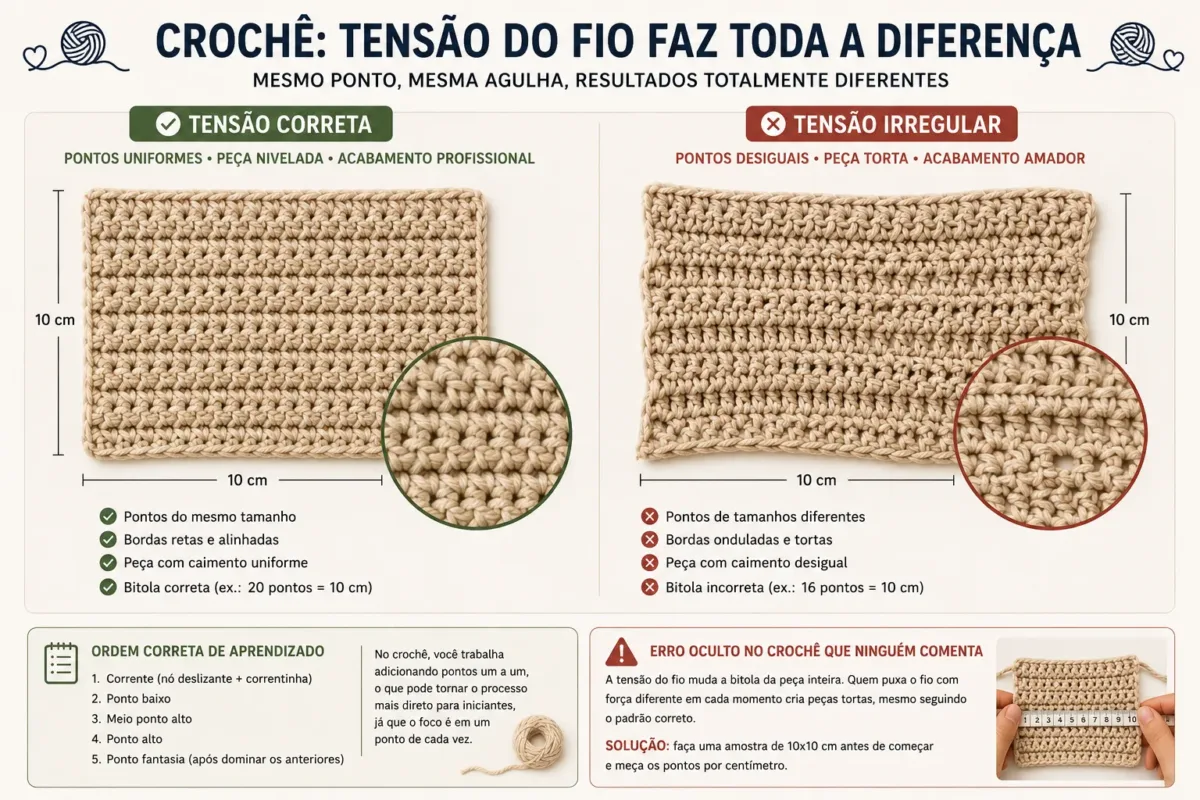 Foto comparativa de uma amostra de crochê com tensão correta vs. tensão irregular