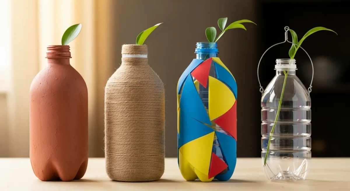 Foto de quatro vasos feitos com garrafa pet