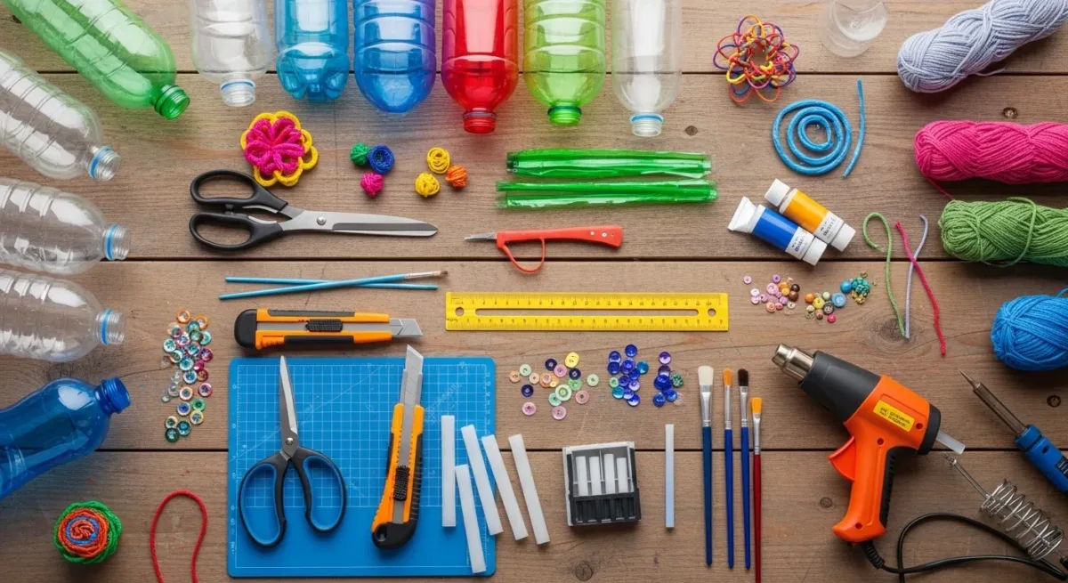 Foto flat lay com todos os materiais dispostos sobre uma mesa de madeira para fazer peças com garrafa pet