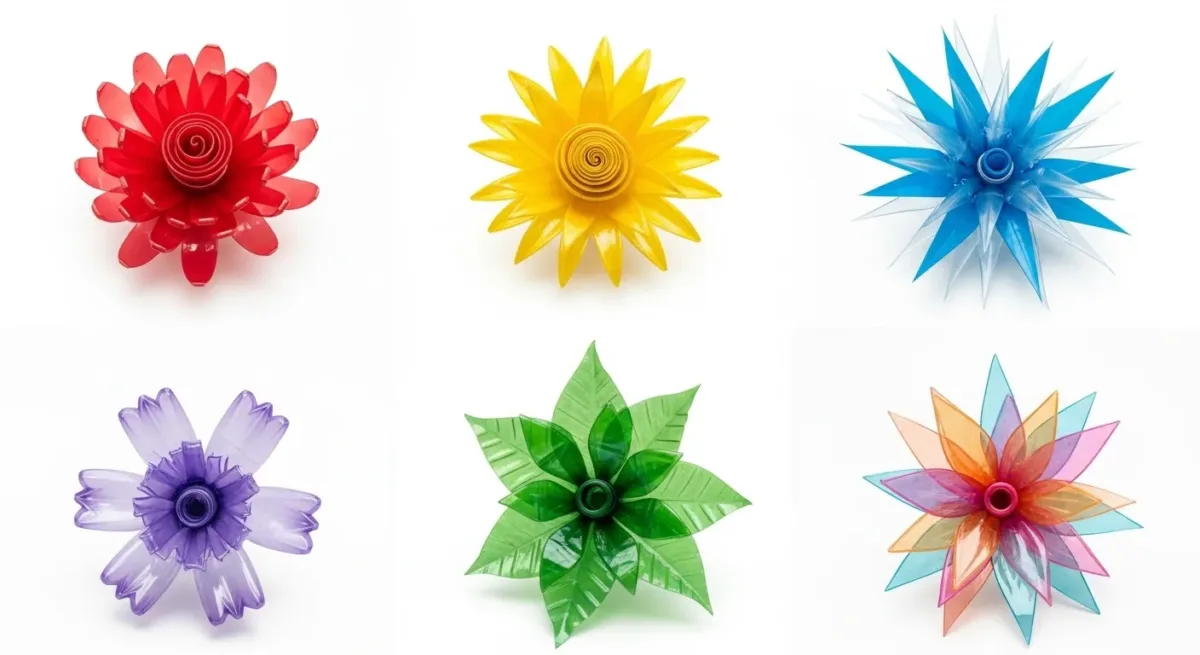 Grid de 6 flores de garrafa pet em cores diferentes sobre fundo branco