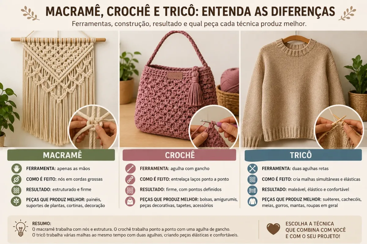 Macramê, crochê e tricô diferenças explicadas