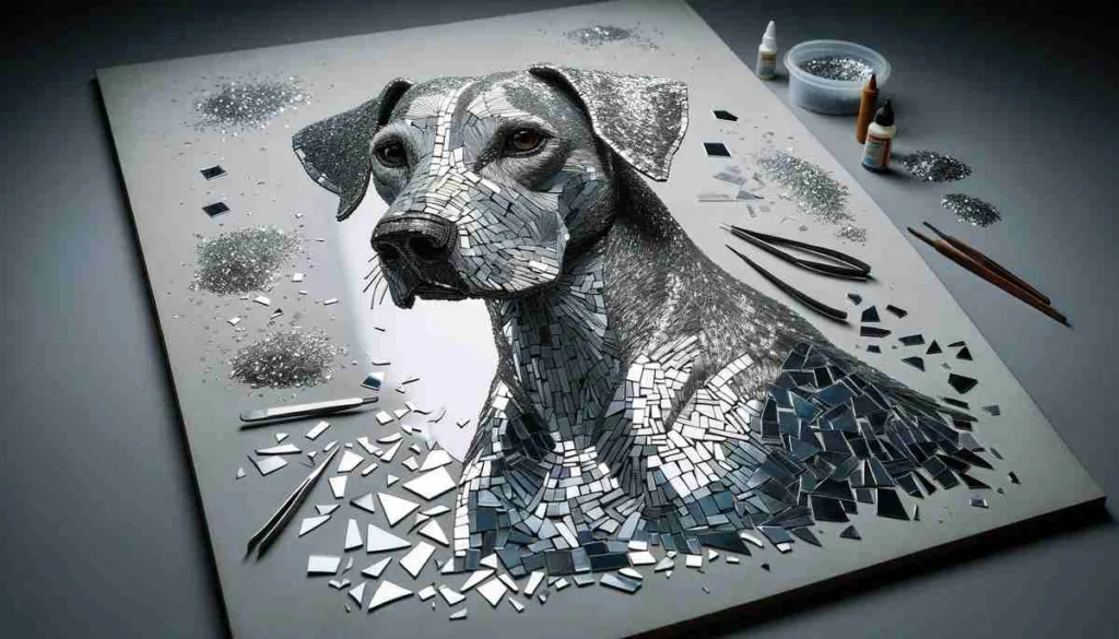 Um mosaico detalhado e artístico formando a imagem de um cachorro, meticulosamente trabalhado a partir de pedaços brilhantes de espelho