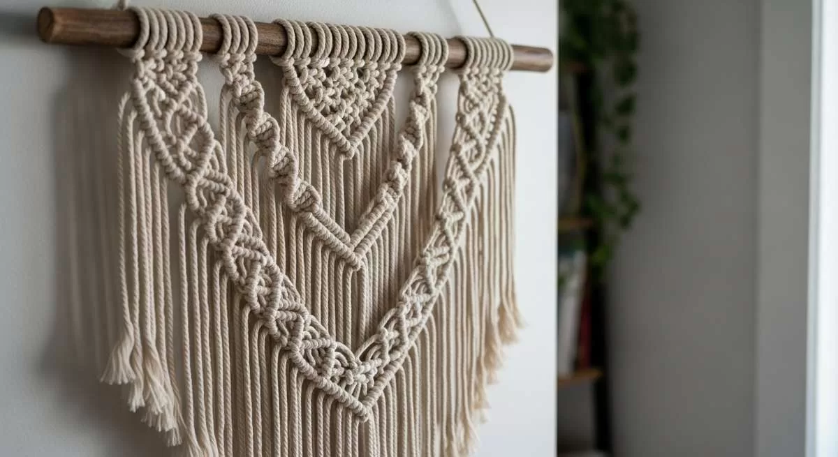 Um painel de macramê bege com nós quadrados e franjas, pendurado em uma cavilha de madeira rústica na parede de uma sala.
