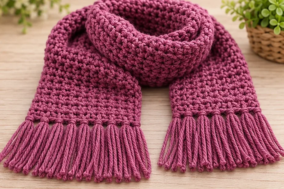 Cachecol de crochê rosa finalizado com franjas sobre uma mesa clara.
