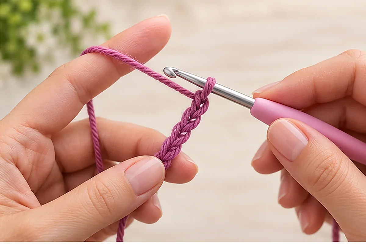Mãos formando a correntinha inicial com agulha de crochê e fio rosa.