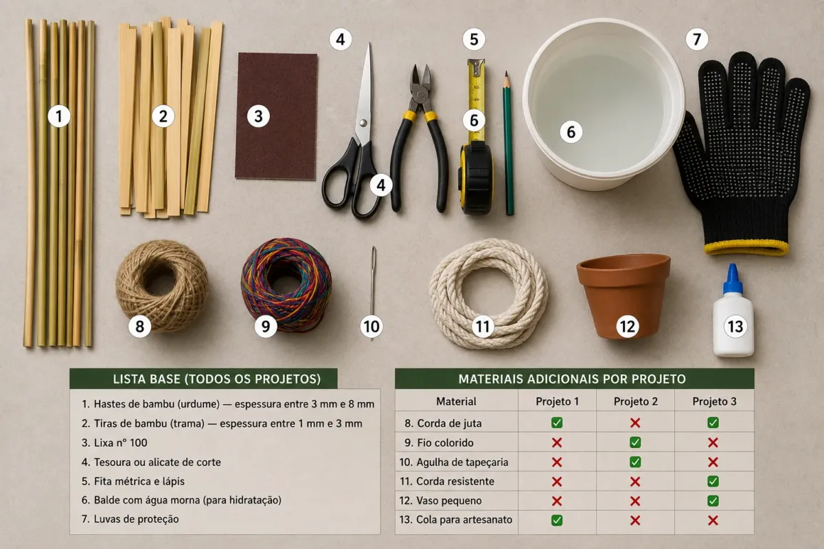 Ferramentas e materiais necessários para cestaria em bambu