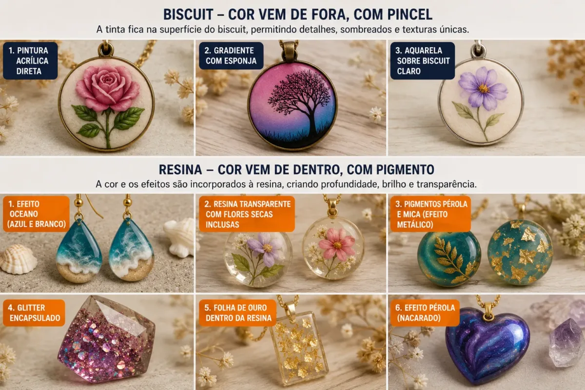imagem com 3 peças em biscuit e 3 em resina