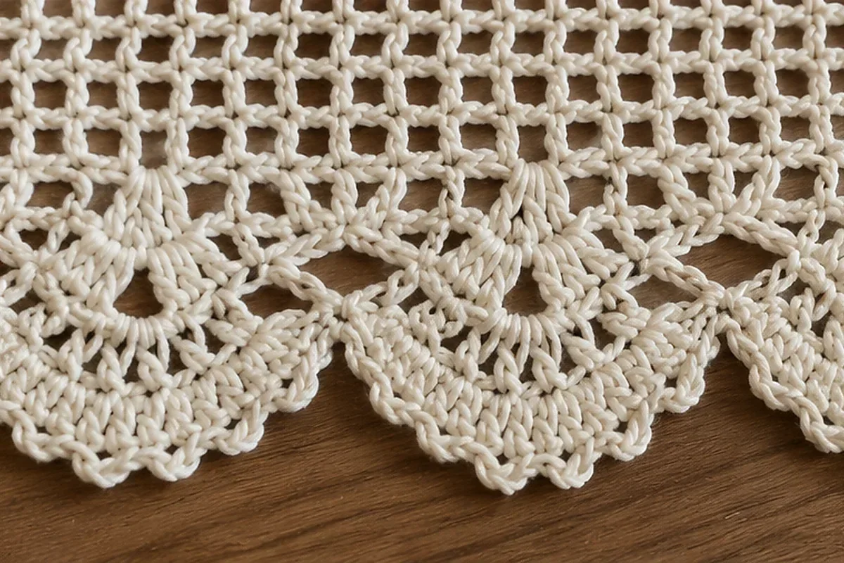 Detalhe da borda decorativa de uma toalha de mesa quadrada de crochê.