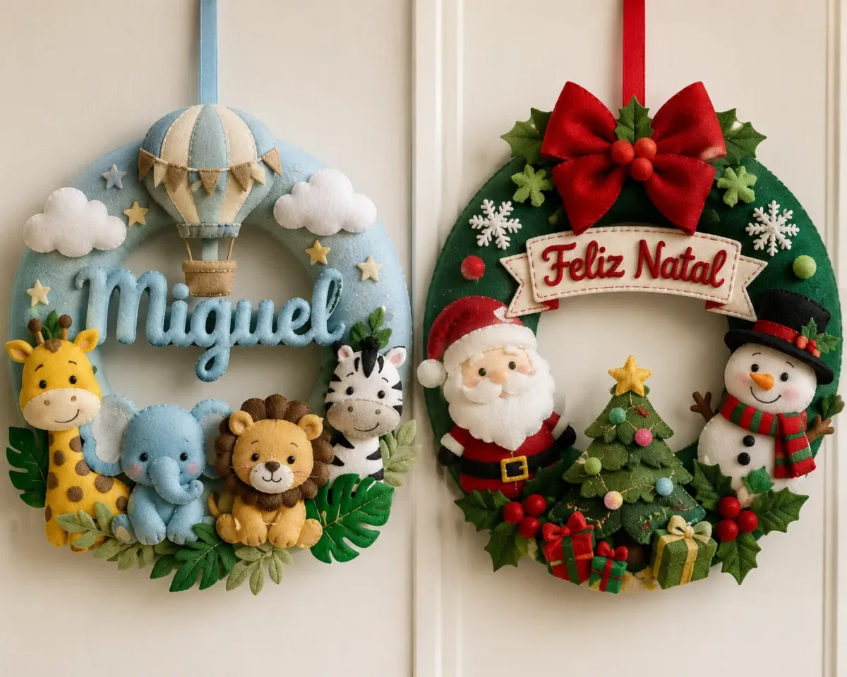 guirlanda com nome de bebê em destaque, ao lado de uma guirlanda temática de Natal
