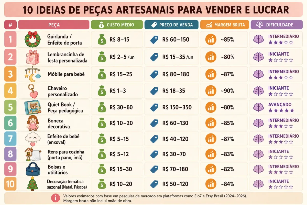 infográfico com ícones de dificuldade, custo e preço para cada item em feltro