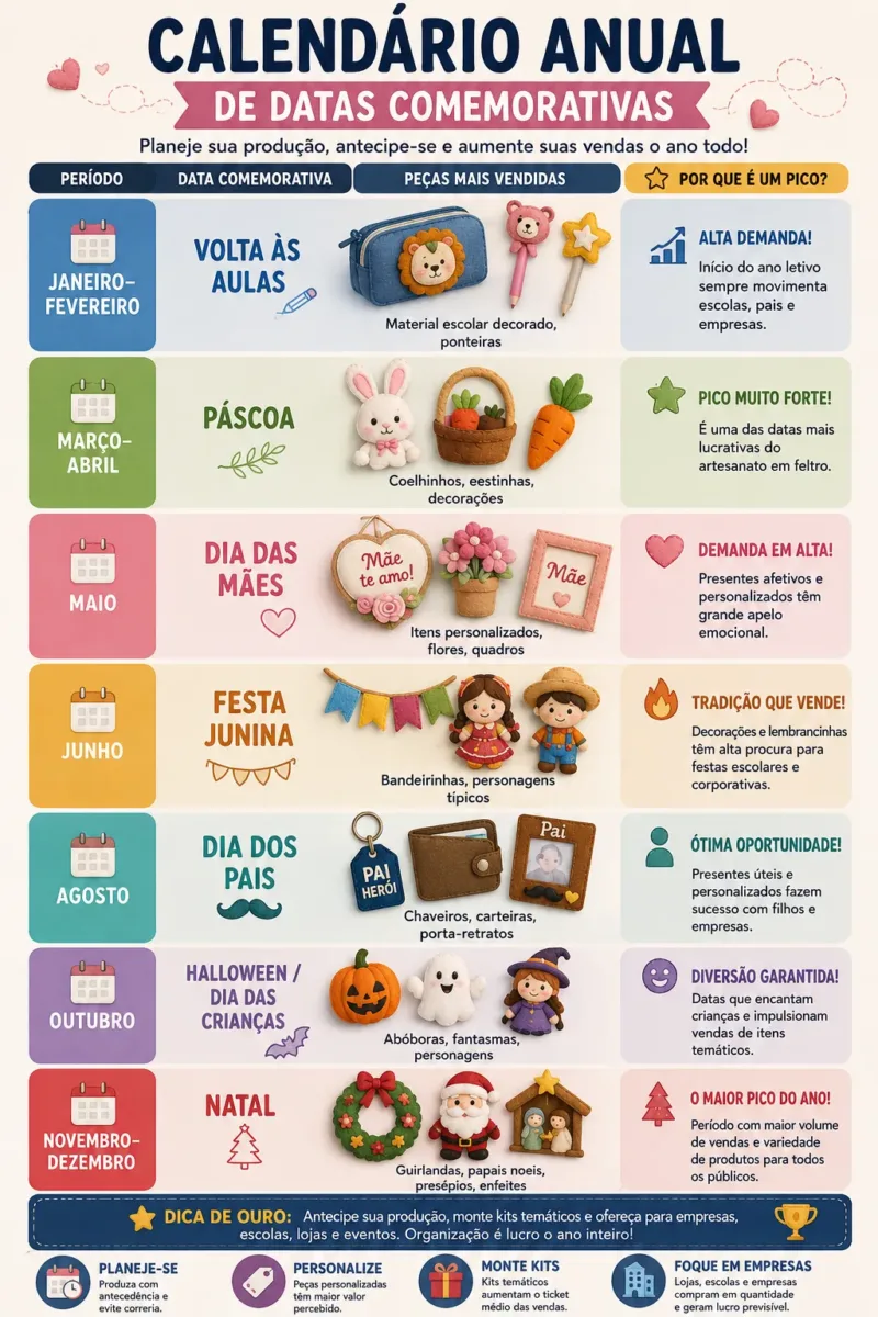 infográfico de calendário anual de produtos em feltro