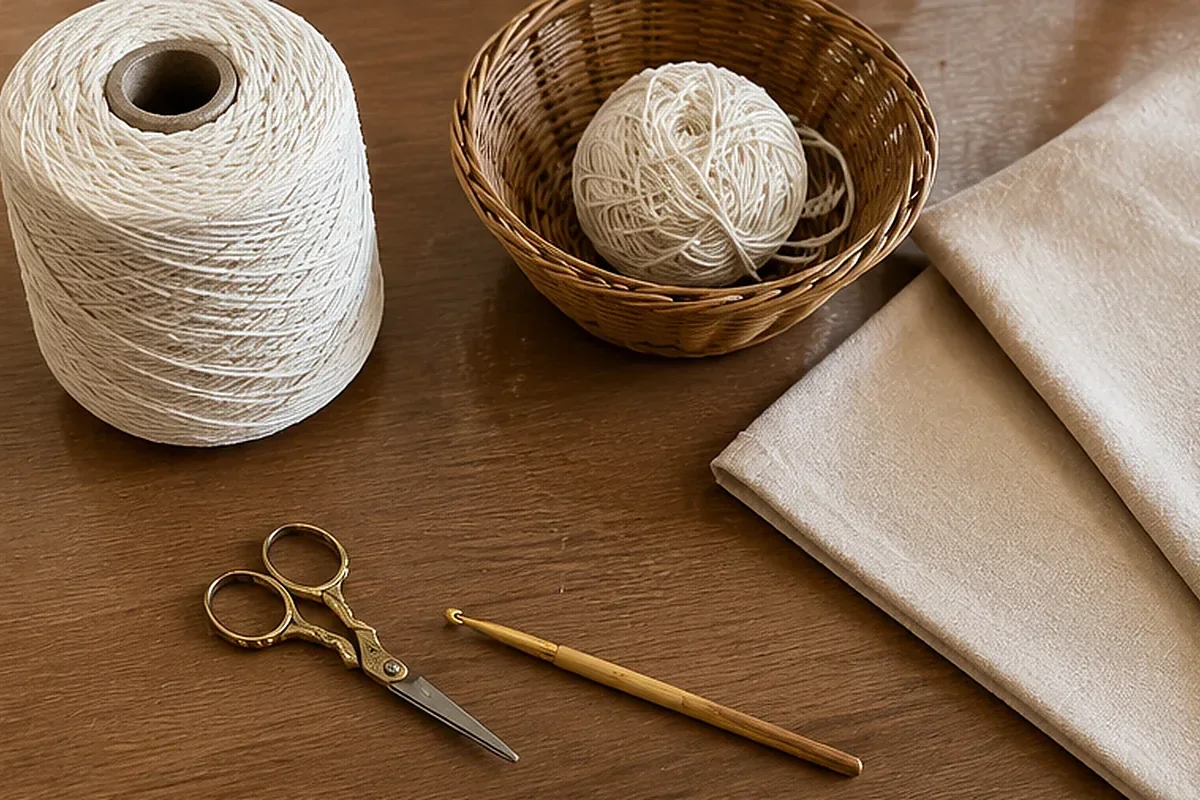 Fio de algodão, agulha de crochê e tesoura organizados para fazer uma toalha de mesa.