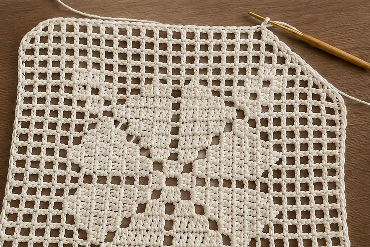 Toalha de mesa quadrada de crochê em andamento com os cantos sendo formados.