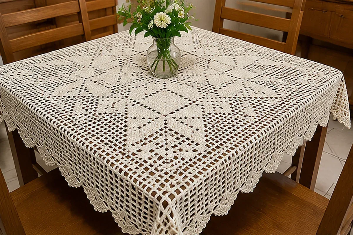 Toalha de mesa quadrada de crochê branca finalizada sobre mesa de madeira.
