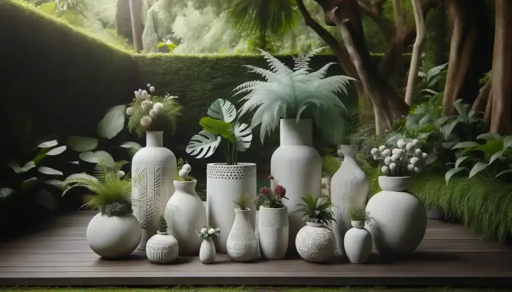 Foto de um jardim sereno exibindo uma coleção de vasos de cimento branco. Os vasos têm alturas e designs variados, cada um contendo uma planta ou flor diferente, criando uma exibição harmoniosa.