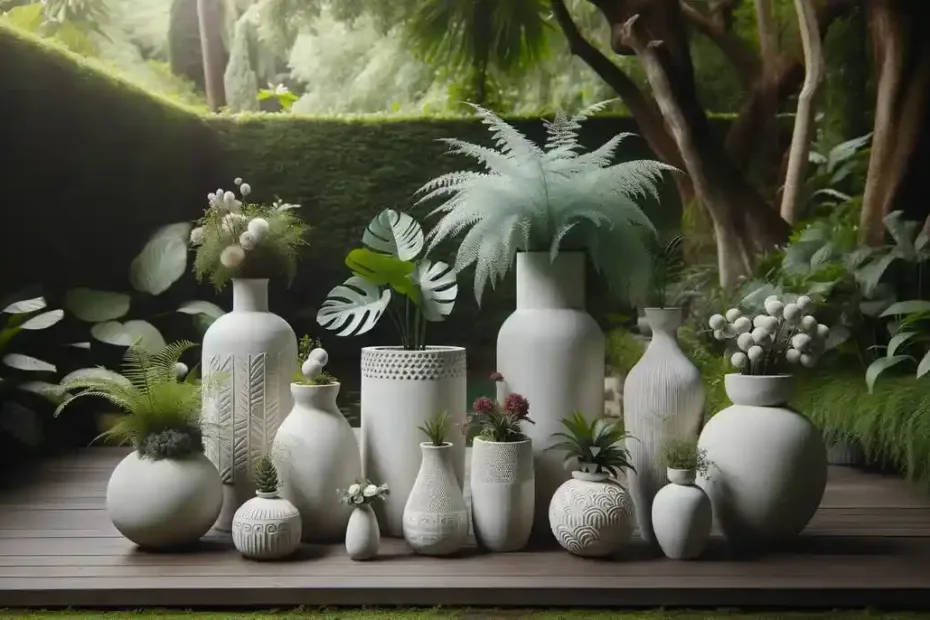 Foto de um jardim sereno exibindo uma coleção de vasos de cimento branco. Os vasos têm alturas e designs variados, cada um contendo uma planta ou flor diferente, criando uma exibição harmoniosa.
