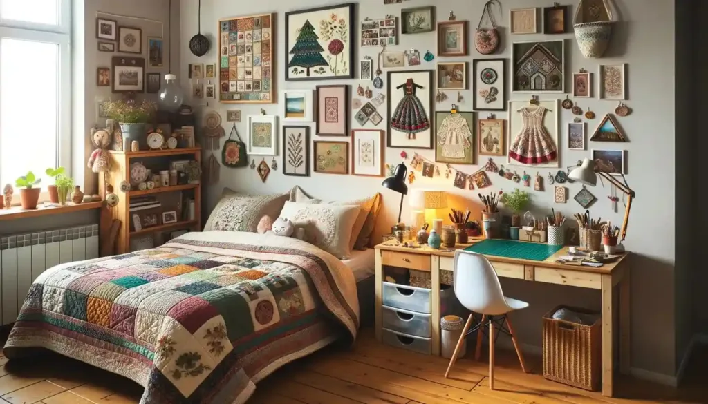 Foto de um quarto aconchegante onde o toque pessoal fica evidente em cada canto. Colchas costuradas à mão cobrem a cama e uma galeria de parede exibe fotos, obras de arte e lembranças queridas. Perto dali, um espaço de trabalho apresenta itens decorativos DIY, de vasos pintados a abajures artesanais