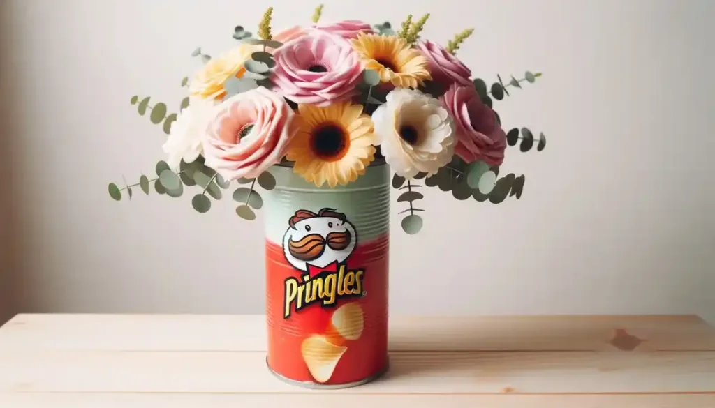 Foto de um vaso de flores exclusivo criado com uma lata de Pringles. O exterior da lata é pintado em tom pastel e preenchido com um buquê de flores frescas, apresentando uma ideia de reciclagem simples, mas eficaz.