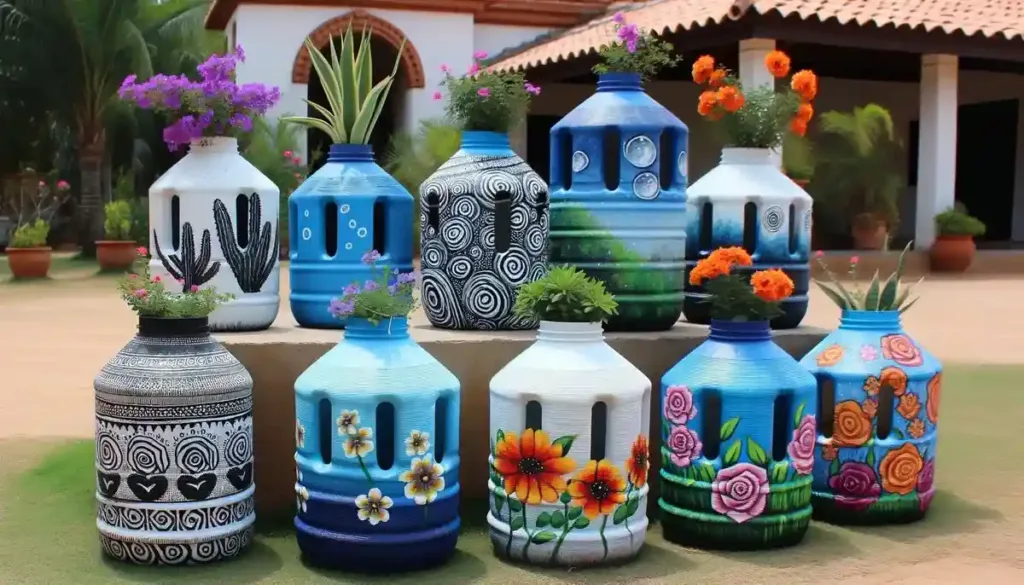 Foto de uma série de garrafão de água de 20 litros transformadas em vasos de flores