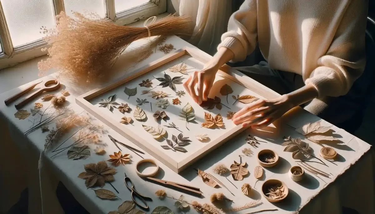 Artesanato com Folhas Desidratadas: A Magia da Natureza nas Suas Mãos Foto de uma mesa de trabalho serena colocada contra uma janela com luz solar suave entrando e Artesanato com Folhas Desidratadas