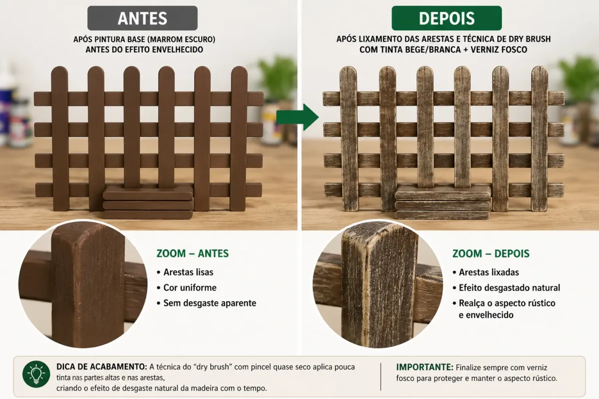 Antes e depois da aplicação do efeito envelhecido, com zoom nas arestas lixadas