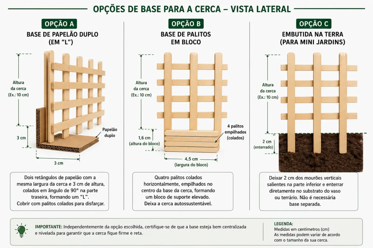 Diagrama técnico mostrando as três opções de base em vista lateral, com medidas indicada