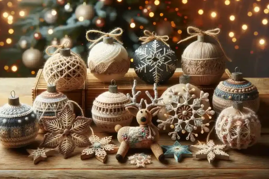Uma coleção de diversos enfeites de Natal feitos à mão exibidos em uma superfície de madeira.