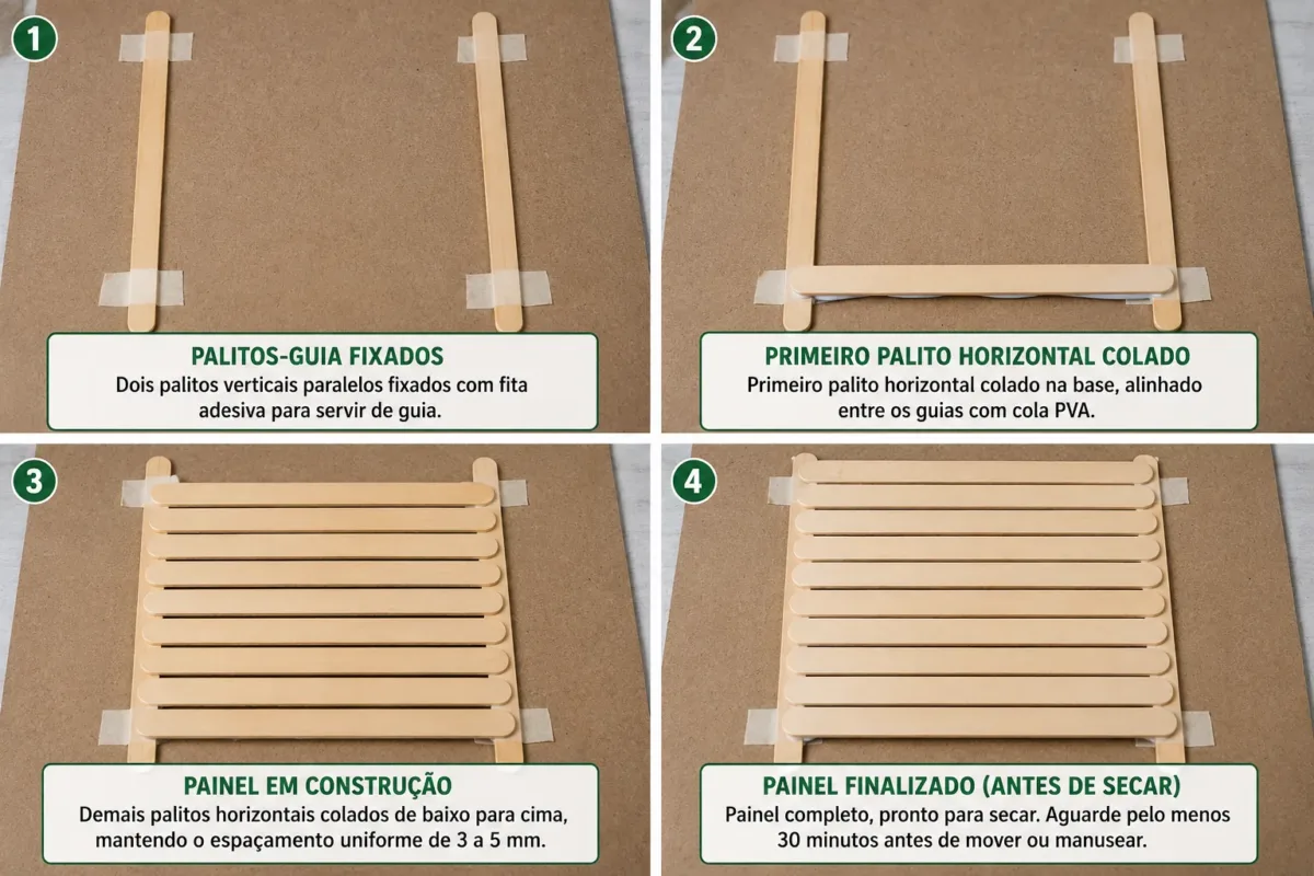 sequência fotográfica em 4 frames mostrando palitos de picolé
