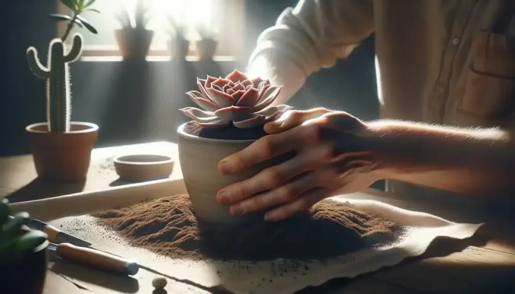 processo de plantio de uma rosa do deserto em um vaso de cerâmica