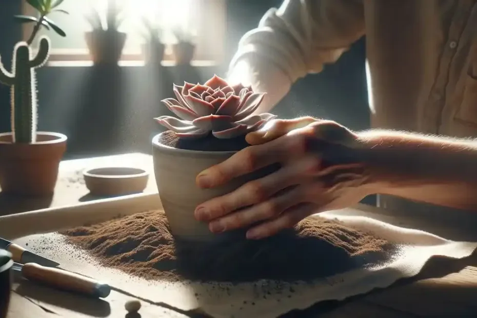 processo de plantio de uma rosa do deserto em um vaso de cerâmica