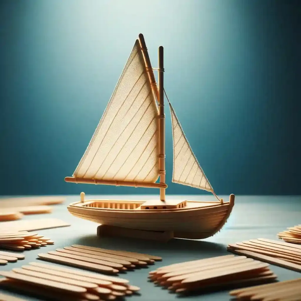 um barco miniatura em arte com palito de picolé