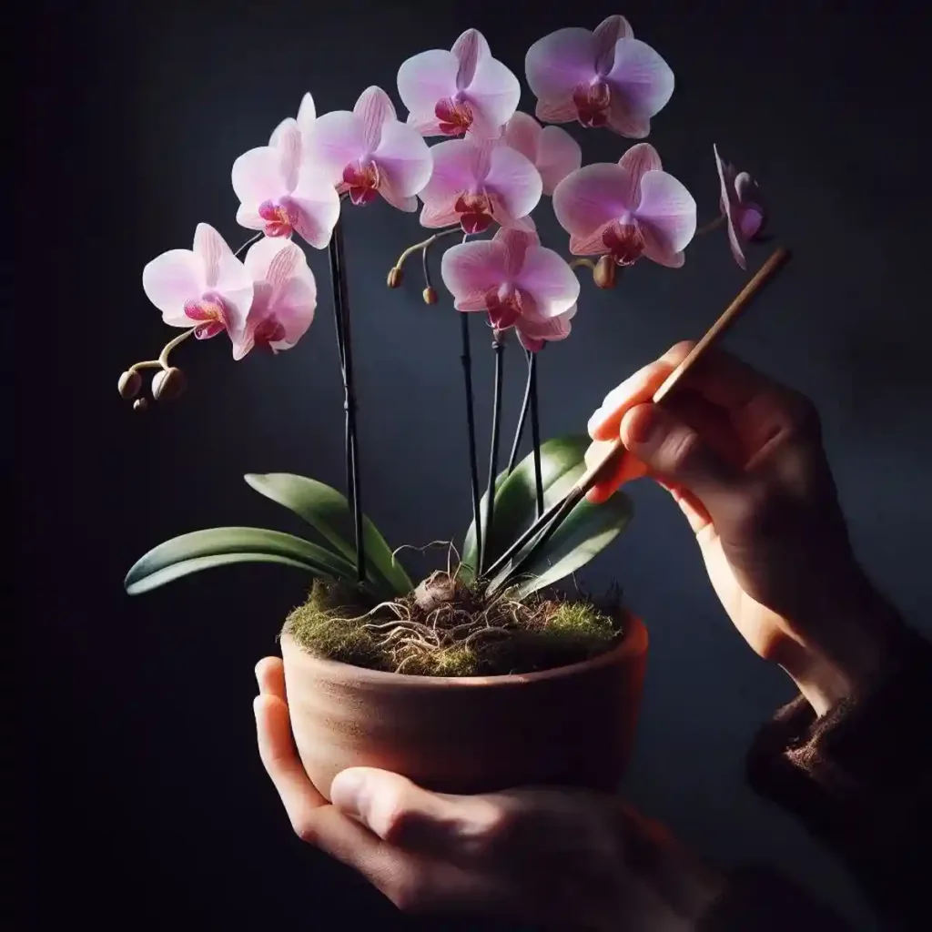 um orquídea plantada em um vaso de terra cota