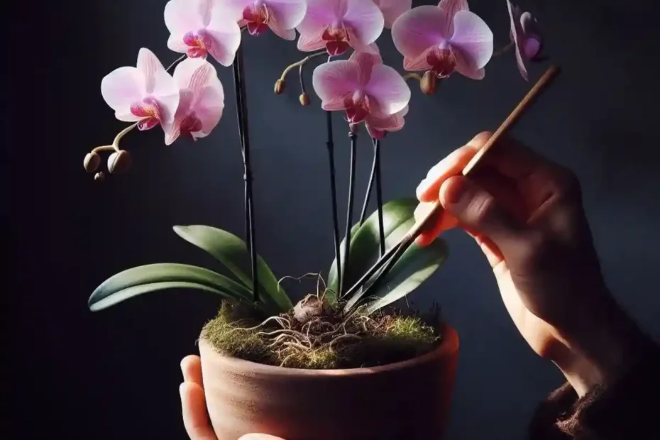 um orquídea plantada em um vaso de terra cota