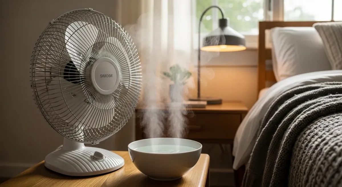 uma bacia com água gelada e um ventilador