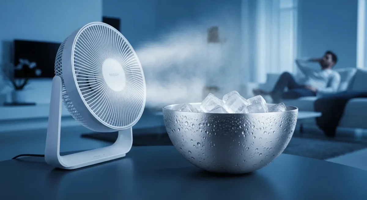 ventilador soprando ar em cima de uma bacia com gelo