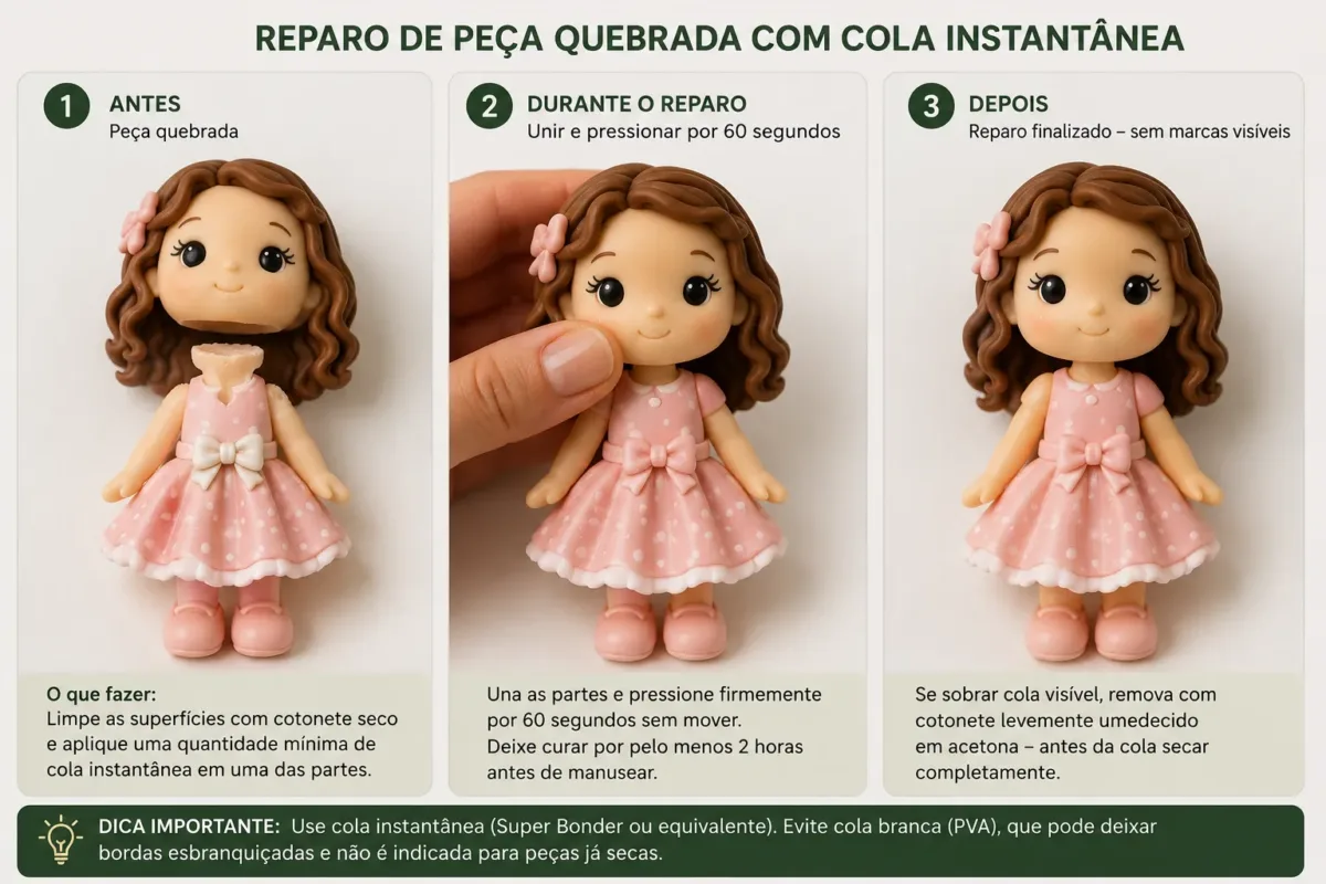Antes e depois de reparo de peça quebrada com cola instantânea