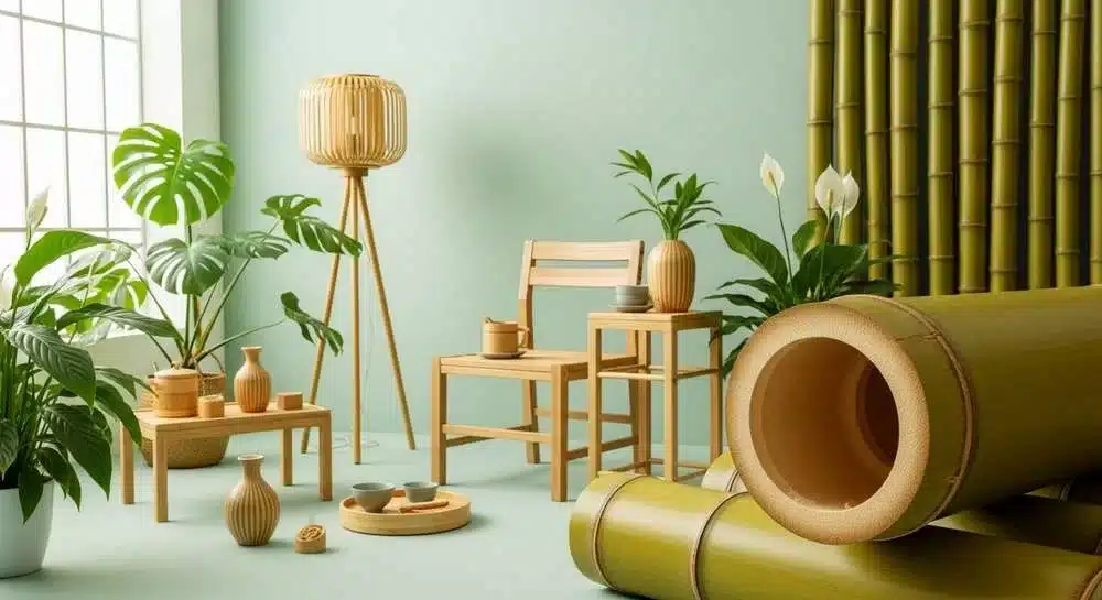 Cena artística mostrando varas de bambu natural em tons dourado-esverdeados