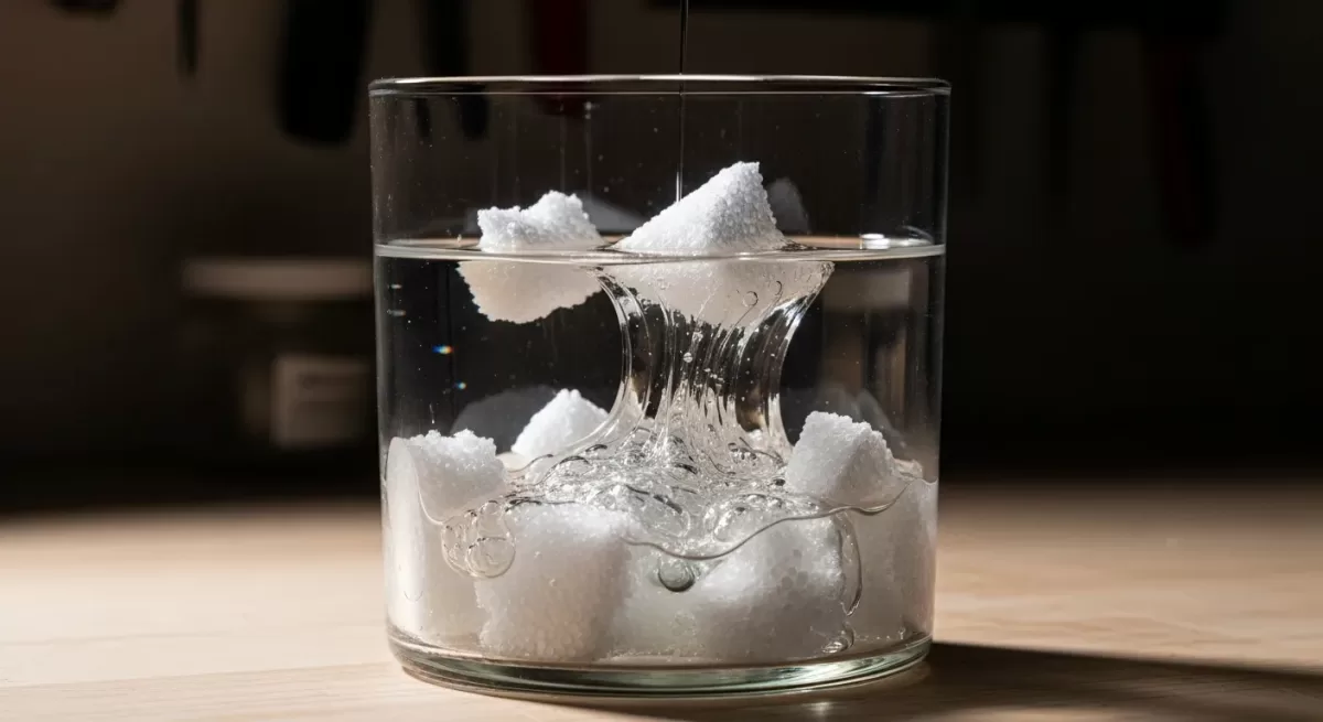 Close-up realista e atraente de pedaços de isopor sendo dissolvidos em solvente (thinner)