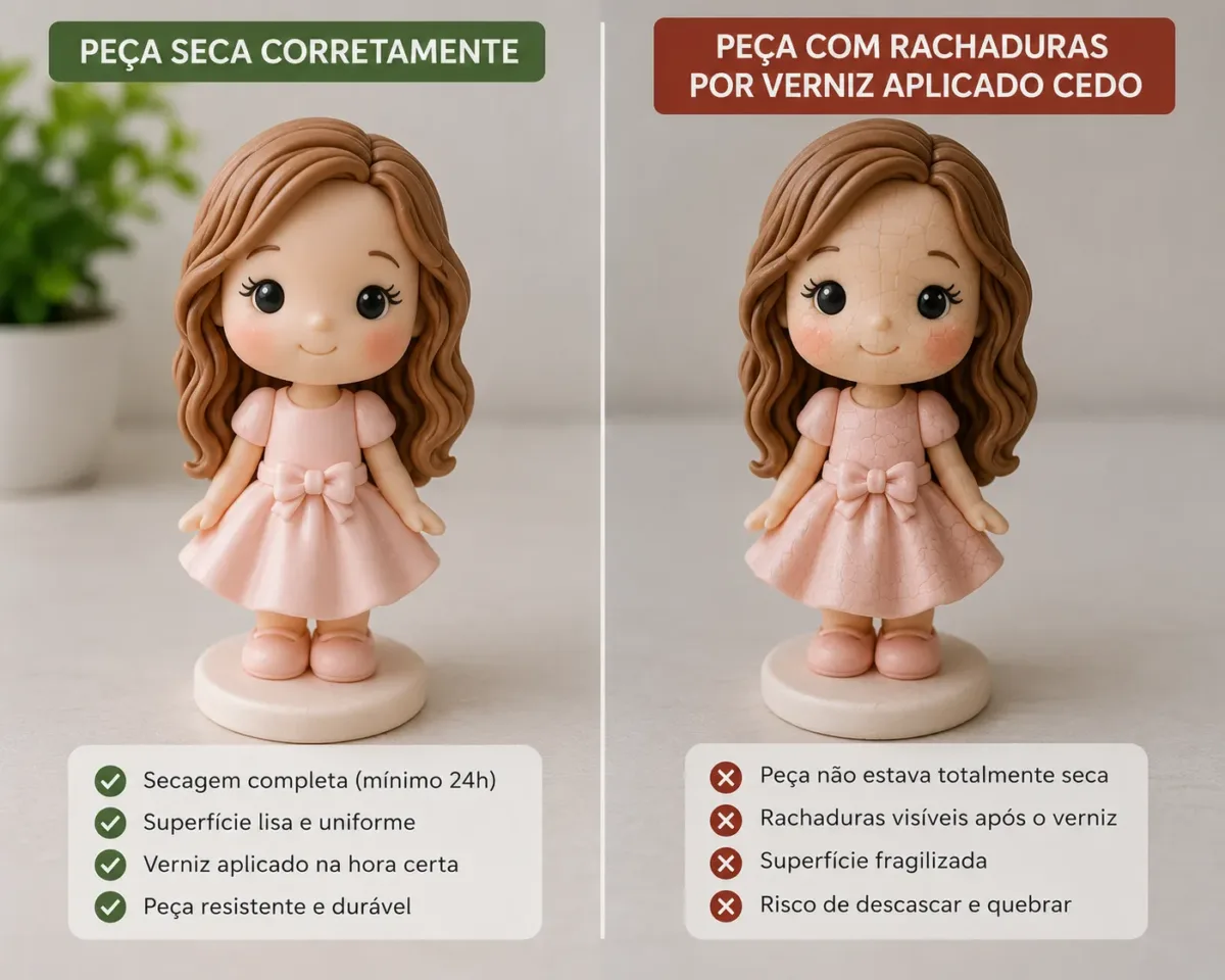 Foto comparativa de peça seca corretamente vs. peça com rachaduras por verniz aplicado cedo
