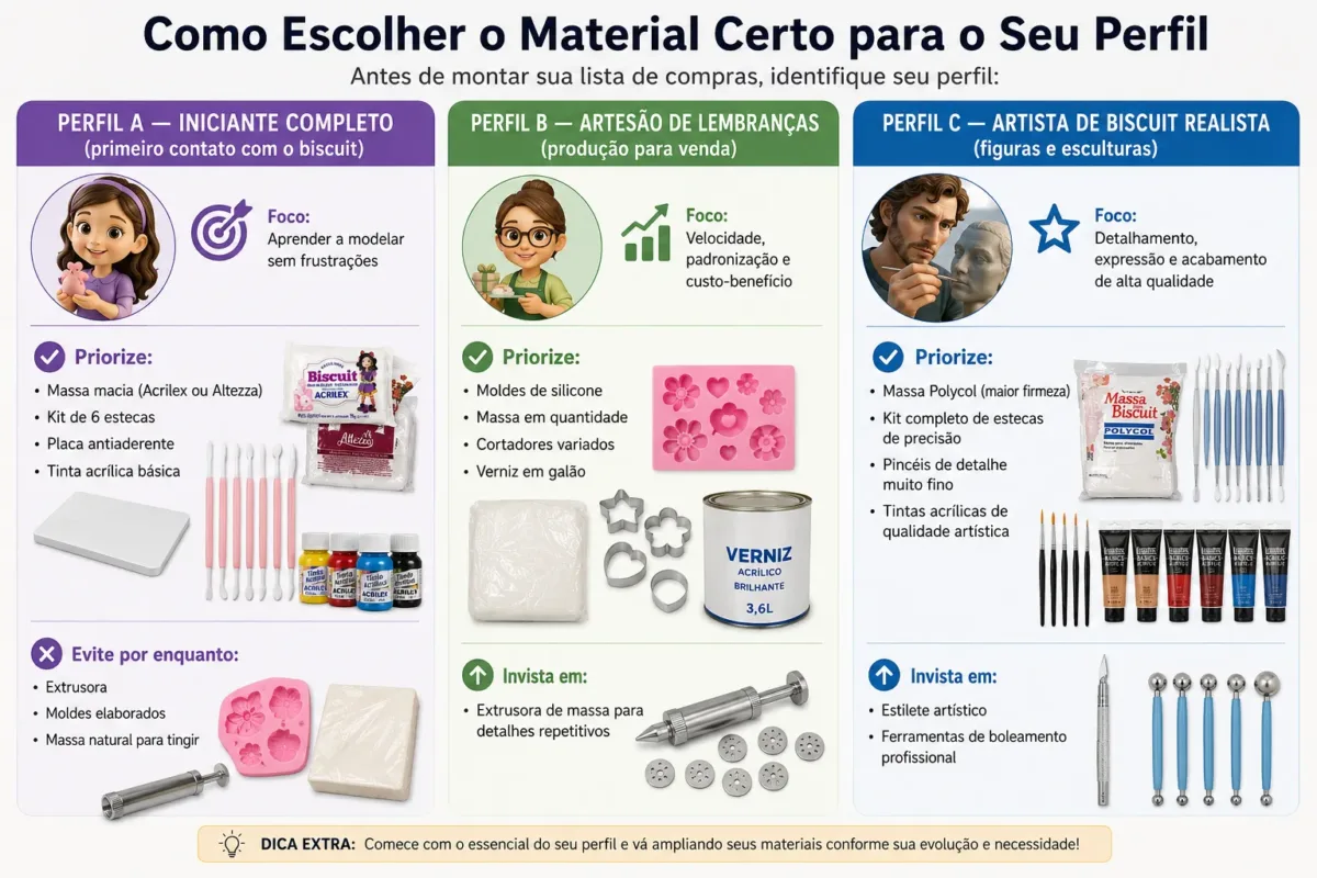 Infográfico com três colunas (um perfil por coluna), ícones representando cada tipo e lista de materiais recomendados.