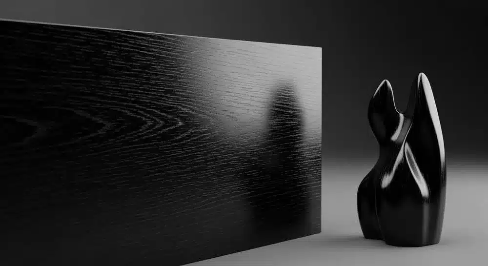 madeira ébano polida com textura ultra fina e cor preta profunda